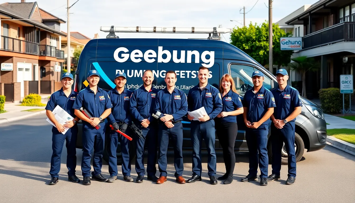 six professional plumbers in uniform standing confidently in front of a branded van