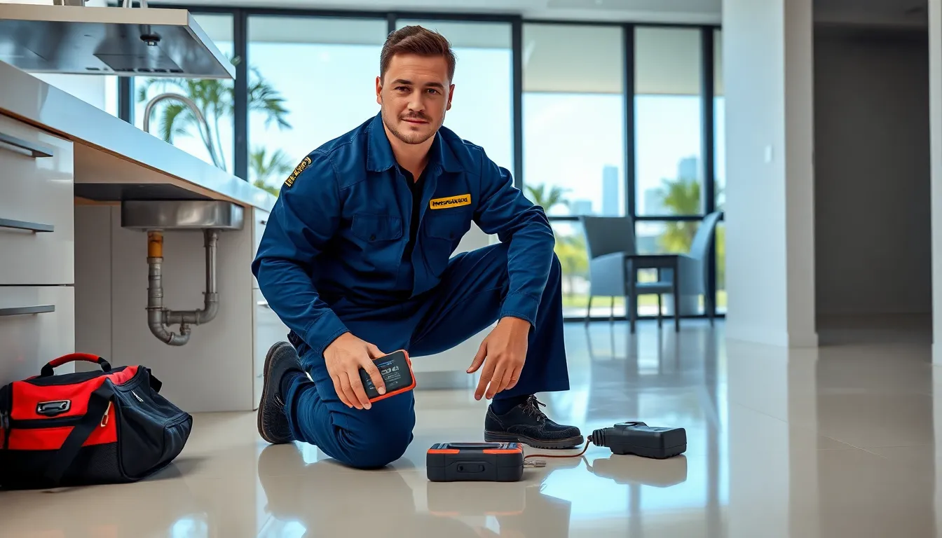 professional brisbane plumber fixing a burst pipe in a modern kitchen
